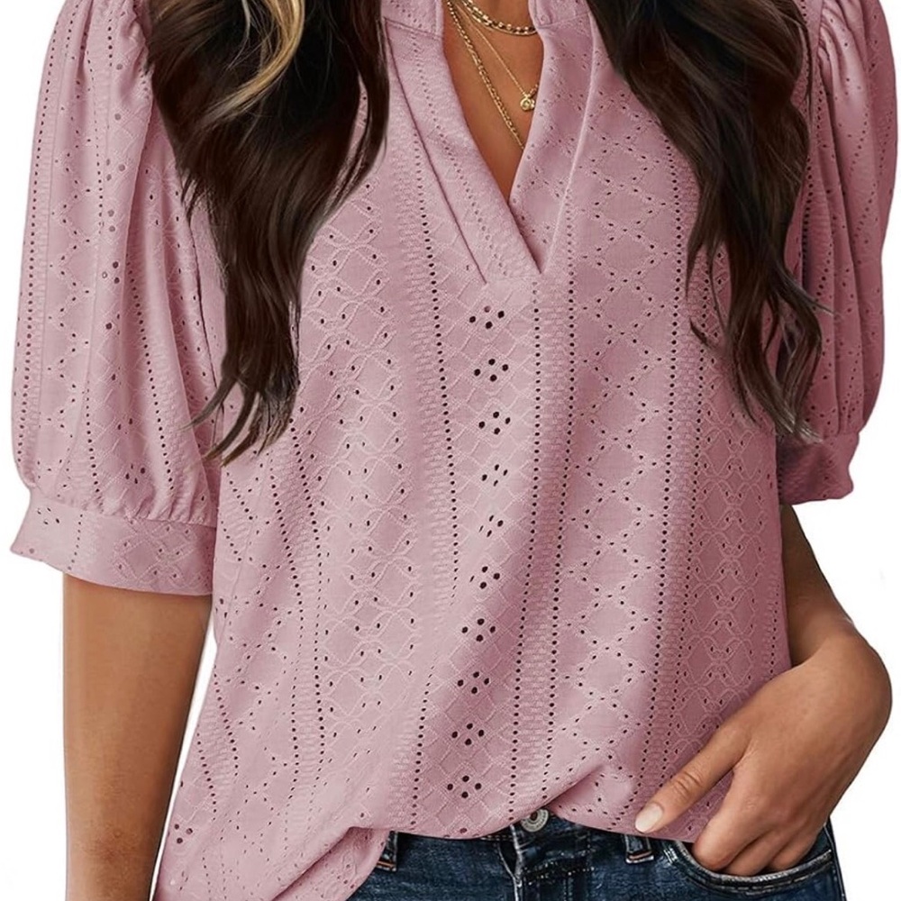 Dokotoo V-Neck Puff Sleeve Blouse - Blush Pink